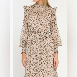 English Factory Beige Floral Maxi Dress with Black Print